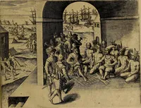 An illustration from Americæ nona & postrema pars : qua de ratione elementorum, de novi orbis natvra, de hvivs incolarvm svperstitiosis cultibus : deq; forma politiæ ac reipubl. ipsorum copiosè pertractatur : catalogo regnum Mexicanorum omnium, à primo vsq; ad vltimum Monteçuman II. additio ... : his accessit designatio illivs navigationis, quam 5. naves Hollandicae anno 1598. per fretum Magellanum in Moluccanas insulas tentarunt : quomodo nimirum oborta tempestate Capitaeus Sebalt de Weert à cæteris nauibus dispulsus, postquam plurimis mensibus in freto infinitis aerumnis miserè iactatus fuisset, tandem infectare post biennum an. 1600. domum reuersus sit : addita est tertio navigatio recens, quam 4. navium praefectus Olevier à Noort proximè suscepit ... : omnia è Germanico Latinitate donata, & insuper elegantissimis figuris æneis coornata editaq; sumptibus Theodori de Bry p.m. Viduæ & binorum filiorum (1602)