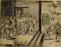 An illustration from Americæ nona & postrema pars : qua de ratione elementorum, de novi orbis natvra, de hvivs incolarvm svperstitiosis cultibus : deq; forma politiæ ac reipubl. ipsorum copiosè pertractatur : catalogo regnum Mexicanorum omnium, à primo vsq; ad vltimum Monteçuman II. additio ... : his accessit designatio illivs navigationis, quam 5. naves Hollandicae anno 1598. per fretum Magellanum in Moluccanas insulas tentarunt : quomodo nimirum oborta tempestate Capitaeus Sebalt de Weert à cæteris nauibus dispulsus, postquam plurimis mensibus in freto infinitis aerumnis miserè iactatus fuisset, tandem infectare post biennum an. 1600. domum reuersus sit : addita est tertio navigatio recens, quam 4. navium praefectus Olevier à Noort proximè suscepit ... : omnia è Germanico Latinitate donata, & insuper elegantissimis figuris æneis coornata editaq; sumptibus Theodori de Bry p.m. Viduæ & binorum filiorum (1602)