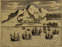 An illustration from Americæ nona & postrema pars : qua de ratione elementorum, de novi orbis natvra, de hvivs incolarvm svperstitiosis cultibus : deq; forma politiæ ac reipubl. ipsorum copiosè pertractatur : catalogo regnum Mexicanorum omnium, à primo vsq; ad vltimum Monteçuman II. additio ... : his accessit designatio illivs navigationis, quam 5. naves Hollandicae anno 1598. per fretum Magellanum in Moluccanas insulas tentarunt : quomodo nimirum oborta tempestate Capitaeus Sebalt de Weert à cæteris nauibus dispulsus, postquam plurimis mensibus in freto infinitis aerumnis miserè iactatus fuisset, tandem infectare post biennum an. 1600. domum reuersus sit : addita est tertio navigatio recens, quam 4. navium praefectus Olevier à Noort proximè suscepit ... : omnia è Germanico Latinitate donata, & insuper elegantissimis figuris æneis coornata editaq; sumptibus Theodori de Bry p.m. Viduæ & binorum filiorum (1602)