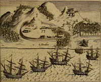 An illustration from Americæ nona & postrema pars : qua de ratione elementorum, de novi orbis natvra, de hvivs incolarvm svperstitiosis cultibus : deq; forma politiæ ac reipubl. ipsorum copiosè pertractatur : catalogo regnum Mexicanorum omnium, à primo vsq; ad vltimum Monteçuman II. additio ... : his accessit designatio illivs navigationis, quam 5. naves Hollandicae anno 1598. per fretum Magellanum in Moluccanas insulas tentarunt : quomodo nimirum oborta tempestate Capitaeus Sebalt de Weert à cæteris nauibus dispulsus, postquam plurimis mensibus in freto infinitis aerumnis miserè iactatus fuisset, tandem infectare post biennum an. 1600. domum reuersus sit : addita est tertio navigatio recens, quam 4. navium praefectus Olevier à Noort proximè suscepit ... : omnia è Germanico Latinitate donata, & insuper elegantissimis figuris æneis coornata editaq; sumptibus Theodori de Bry p.m. Viduæ & binorum filiorum (1602)
