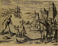 An illustration from Americæ nona & postrema pars : qua de ratione elementorum, de novi orbis natvra, de hvivs incolarvm svperstitiosis cultibus : deq; forma politiæ ac reipubl. ipsorum copiosè pertractatur : catalogo regnum Mexicanorum omnium, à primo vsq; ad vltimum Monteçuman II. additio ... : his accessit designatio illivs navigationis, quam 5. naves Hollandicae anno 1598. per fretum Magellanum in Moluccanas insulas tentarunt : quomodo nimirum oborta tempestate Capitaeus Sebalt de Weert à cæteris nauibus dispulsus, postquam plurimis mensibus in freto infinitis aerumnis miserè iactatus fuisset, tandem infectare post biennum an. 1600. domum reuersus sit : addita est tertio navigatio recens, quam 4. navium praefectus Olevier à Noort proximè suscepit ... : omnia è Germanico Latinitate donata, & insuper elegantissimis figuris æneis coornata editaq; sumptibus Theodori de Bry p.m. Viduæ & binorum filiorum (1602)