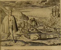 An illustration from Americæ nona & postrema pars : qua de ratione elementorum, de novi orbis natvra, de hvivs incolarvm svperstitiosis cultibus : deq; forma politiæ ac reipubl. ipsorum copiosè pertractatur : catalogo regnum Mexicanorum omnium, à primo vsq; ad vltimum Monteçuman II. additio ... : his accessit designatio illivs navigationis, quam 5. naves Hollandicae anno 1598. per fretum Magellanum in Moluccanas insulas tentarunt : quomodo nimirum oborta tempestate Capitaeus Sebalt de Weert à cæteris nauibus dispulsus, postquam plurimis mensibus in freto infinitis aerumnis miserè iactatus fuisset, tandem infectare post biennum an. 1600. domum reuersus sit : addita est tertio navigatio recens, quam 4. navium praefectus Olevier à Noort proximè suscepit ... : omnia è Germanico Latinitate donata, & insuper elegantissimis figuris æneis coornata editaq; sumptibus Theodori de Bry p.m. Viduæ & binorum filiorum (1602)