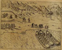 An illustration from Americæ nona & postrema pars : qua de ratione elementorum, de novi orbis natvra, de hvivs incolarvm svperstitiosis cultibus : deq; forma politiæ ac reipubl. ipsorum copiosè pertractatur : catalogo regnum Mexicanorum omnium, à primo vsq; ad vltimum Monteçuman II. additio ... : his accessit designatio illivs navigationis, quam 5. naves Hollandicae anno 1598. per fretum Magellanum in Moluccanas insulas tentarunt : quomodo nimirum oborta tempestate Capitaeus Sebalt de Weert à cæteris nauibus dispulsus, postquam plurimis mensibus in freto infinitis aerumnis miserè iactatus fuisset, tandem infectare post biennum an. 1600. domum reuersus sit : addita est tertio navigatio recens, quam 4. navium praefectus Olevier à Noort proximè suscepit ... : omnia è Germanico Latinitate donata, & insuper elegantissimis figuris æneis coornata editaq; sumptibus Theodori de Bry p.m. Viduæ & binorum filiorum (1602)