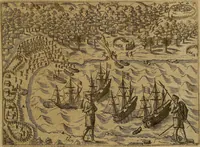 An illustration from Americæ nona & postrema pars : qua de ratione elementorum, de novi orbis natvra, de hvivs incolarvm svperstitiosis cultibus : deq; forma politiæ ac reipubl. ipsorum copiosè pertractatur : catalogo regnum Mexicanorum omnium, à primo vsq; ad vltimum Monteçuman II. additio ... : his accessit designatio illivs navigationis, quam 5. naves Hollandicae anno 1598. per fretum Magellanum in Moluccanas insulas tentarunt : quomodo nimirum oborta tempestate Capitaeus Sebalt de Weert à cæteris nauibus dispulsus, postquam plurimis mensibus in freto infinitis aerumnis miserè iactatus fuisset, tandem infectare post biennum an. 1600. domum reuersus sit : addita est tertio navigatio recens, quam 4. navium praefectus Olevier à Noort proximè suscepit ... : omnia è Germanico Latinitate donata, & insuper elegantissimis figuris æneis coornata editaq; sumptibus Theodori de Bry p.m. Viduæ & binorum filiorum (1602)