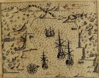 An illustration from Americæ nona & postrema pars : qua de ratione elementorum, de novi orbis natvra, de hvivs incolarvm svperstitiosis cultibus : deq; forma politiæ ac reipubl. ipsorum copiosè pertractatur : catalogo regnum Mexicanorum omnium, à primo vsq; ad vltimum Monteçuman II. additio ... : his accessit designatio illivs navigationis, quam 5. naves Hollandicae anno 1598. per fretum Magellanum in Moluccanas insulas tentarunt : quomodo nimirum oborta tempestate Capitaeus Sebalt de Weert à cæteris nauibus dispulsus, postquam plurimis mensibus in freto infinitis aerumnis miserè iactatus fuisset, tandem infectare post biennum an. 1600. domum reuersus sit : addita est tertio navigatio recens, quam 4. navium praefectus Olevier à Noort proximè suscepit ... : omnia è Germanico Latinitate donata, & insuper elegantissimis figuris æneis coornata editaq; sumptibus Theodori de Bry p.m. Viduæ & binorum filiorum (1602)