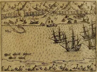 An illustration from Americæ nona & postrema pars : qua de ratione elementorum, de novi orbis natvra, de hvivs incolarvm svperstitiosis cultibus : deq; forma politiæ ac reipubl. ipsorum copiosè pertractatur : catalogo regnum Mexicanorum omnium, à primo vsq; ad vltimum Monteçuman II. additio ... : his accessit designatio illivs navigationis, quam 5. naves Hollandicae anno 1598. per fretum Magellanum in Moluccanas insulas tentarunt : quomodo nimirum oborta tempestate Capitaeus Sebalt de Weert à cæteris nauibus dispulsus, postquam plurimis mensibus in freto infinitis aerumnis miserè iactatus fuisset, tandem infectare post biennum an. 1600. domum reuersus sit : addita est tertio navigatio recens, quam 4. navium praefectus Olevier à Noort proximè suscepit ... : omnia è Germanico Latinitate donata, & insuper elegantissimis figuris æneis coornata editaq; sumptibus Theodori de Bry p.m. Viduæ & binorum filiorum (1602)