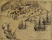 An illustration from Americæ nona & postrema pars : qua de ratione elementorum, de novi orbis natvra, de hvivs incolarvm svperstitiosis cultibus : deq; forma politiæ ac reipubl. ipsorum copiosè pertractatur : catalogo regnum Mexicanorum omnium, à primo vsq; ad vltimum Monteçuman II. additio ... : his accessit designatio illivs navigationis, quam 5. naves Hollandicae anno 1598. per fretum Magellanum in Moluccanas insulas tentarunt : quomodo nimirum oborta tempestate Capitaeus Sebalt de Weert à cæteris nauibus dispulsus, postquam plurimis mensibus in freto infinitis aerumnis miserè iactatus fuisset, tandem infectare post biennum an. 1600. domum reuersus sit : addita est tertio navigatio recens, quam 4. navium praefectus Olevier à Noort proximè suscepit ... : omnia è Germanico Latinitate donata, & insuper elegantissimis figuris æneis coornata editaq; sumptibus Theodori de Bry p.m. Viduæ & binorum filiorum (1602)