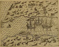 An illustration from Americæ nona & postrema pars : qua de ratione elementorum, de novi orbis natvra, de hvivs incolarvm svperstitiosis cultibus : deq; forma politiæ ac reipubl. ipsorum copiosè pertractatur : catalogo regnum Mexicanorum omnium, à primo vsq; ad vltimum Monteçuman II. additio ... : his accessit designatio illivs navigationis, quam 5. naves Hollandicae anno 1598. per fretum Magellanum in Moluccanas insulas tentarunt : quomodo nimirum oborta tempestate Capitaeus Sebalt de Weert à cæteris nauibus dispulsus, postquam plurimis mensibus in freto infinitis aerumnis miserè iactatus fuisset, tandem infectare post biennum an. 1600. domum reuersus sit : addita est tertio navigatio recens, quam 4. navium praefectus Olevier à Noort proximè suscepit ... : omnia è Germanico Latinitate donata, & insuper elegantissimis figuris æneis coornata editaq; sumptibus Theodori de Bry p.m. Viduæ & binorum filiorum (1602)