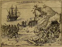 An illustration from Americæ nona & postrema pars : qua de ratione elementorum, de novi orbis natvra, de hvivs incolarvm svperstitiosis cultibus : deq; forma politiæ ac reipubl. ipsorum copiosè pertractatur : catalogo regnum Mexicanorum omnium, à primo vsq; ad vltimum Monteçuman II. additio ... : his accessit designatio illivs navigationis, quam 5. naves Hollandicae anno 1598. per fretum Magellanum in Moluccanas insulas tentarunt : quomodo nimirum oborta tempestate Capitaeus Sebalt de Weert à cæteris nauibus dispulsus, postquam plurimis mensibus in freto infinitis aerumnis miserè iactatus fuisset, tandem infectare post biennum an. 1600. domum reuersus sit : addita est tertio navigatio recens, quam 4. navium praefectus Olevier à Noort proximè suscepit ... : omnia è Germanico Latinitate donata, & insuper elegantissimis figuris æneis coornata editaq; sumptibus Theodori de Bry p.m. Viduæ & binorum filiorum (1602)