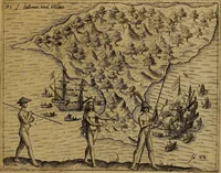 An illustration from Americæ nona & postrema pars : qua de ratione elementorum, de novi orbis natvra, de hvivs incolarvm svperstitiosis cultibus : deq; forma politiæ ac reipubl. ipsorum copiosè pertractatur : catalogo regnum Mexicanorum omnium, à primo vsq; ad vltimum Monteçuman II. additio ... : his accessit designatio illivs navigationis, quam 5. naves Hollandicae anno 1598. per fretum Magellanum in Moluccanas insulas tentarunt : quomodo nimirum oborta tempestate Capitaeus Sebalt de Weert à cæteris nauibus dispulsus, postquam plurimis mensibus in freto infinitis aerumnis miserè iactatus fuisset, tandem infectare post biennum an. 1600. domum reuersus sit : addita est tertio navigatio recens, quam 4. navium praefectus Olevier à Noort proximè suscepit ... : omnia è Germanico Latinitate donata, & insuper elegantissimis figuris æneis coornata editaq; sumptibus Theodori de Bry p.m. Viduæ & binorum filiorum (1602)