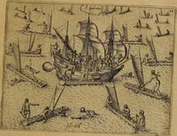 An illustration from Americæ nona & postrema pars : qua de ratione elementorum, de novi orbis natvra, de hvivs incolarvm svperstitiosis cultibus : deq; forma politiæ ac reipubl. ipsorum copiosè pertractatur : catalogo regnum Mexicanorum omnium, à primo vsq; ad vltimum Monteçuman II. additio ... : his accessit designatio illivs navigationis, quam 5. naves Hollandicae anno 1598. per fretum Magellanum in Moluccanas insulas tentarunt : quomodo nimirum oborta tempestate Capitaeus Sebalt de Weert à cæteris nauibus dispulsus, postquam plurimis mensibus in freto infinitis aerumnis miserè iactatus fuisset, tandem infectare post biennum an. 1600. domum reuersus sit : addita est tertio navigatio recens, quam 4. navium praefectus Olevier à Noort proximè suscepit ... : omnia è Germanico Latinitate donata, & insuper elegantissimis figuris æneis coornata editaq; sumptibus Theodori de Bry p.m. Viduæ & binorum filiorum (1602)