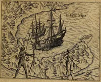 An illustration from Americæ nona & postrema pars : qua de ratione elementorum, de novi orbis natvra, de hvivs incolarvm svperstitiosis cultibus : deq; forma politiæ ac reipubl. ipsorum copiosè pertractatur : catalogo regnum Mexicanorum omnium, à primo vsq; ad vltimum Monteçuman II. additio ... : his accessit designatio illivs navigationis, quam 5. naves Hollandicae anno 1598. per fretum Magellanum in Moluccanas insulas tentarunt : quomodo nimirum oborta tempestate Capitaeus Sebalt de Weert à cæteris nauibus dispulsus, postquam plurimis mensibus in freto infinitis aerumnis miserè iactatus fuisset, tandem infectare post biennum an. 1600. domum reuersus sit : addita est tertio navigatio recens, quam 4. navium praefectus Olevier à Noort proximè suscepit ... : omnia è Germanico Latinitate donata, & insuper elegantissimis figuris æneis coornata editaq; sumptibus Theodori de Bry p.m. Viduæ & binorum filiorum (1602)