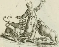 Picture 22 of 33 from Amoris diuini et humani antipathia : e variis Sacrae Scripturae locis depro[m]pta, emblematibus suis expressa et SS. PP. authoritatibus illustrata = Les effects diuers de l'amour diuin et humain : richement exprimés par petits emblemes tirés des SS. Ecritures et des SS. Peres, le tout mis en latin et francois (1628), leaf 46
