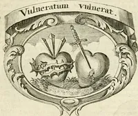 An illustration from Mater amoris et doloris : quam Christus in cruce moriens omnibus ac singulis suis fidelibus in matrem legavit, ecce mater tua : nunc explicata per sacra emblemata, figuras scripturae quàm plurimas, conceptus varios praedicabiles, SS. patrum sententias, raras historias, & pios ad Jesum patientem, ac sanctissimam matrem ejus compatientem affectus : opus omnibus Jesum & Mariam amantibus, praedicantibus, aut meditantibus perutile, com triplici indice considerationum, rerum memorabilium, & concionatorio, formandis per annum concionibus opportuno (1726)