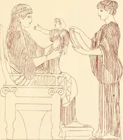 An illustration from Ancient Greek female costume : illustrated by one hundred and twelve plates and numerous smaller illustrations ; with descriptive letterpress and descriptive passages from the works of Homer, Hesiod, Herodotus, Aeschylus, Euripides, Aristophanes, Theocritus, Xenophon, Lucian, and other Greek authors (1882)