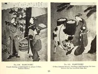 Picture 1 of 5 from Ancient Japanese and Chinese Brocades, Japanese Color Prints : The Collection of Shojiro Nomura of Kioto, Nishiki and Kinran Brocades and Tapestries from 1400 to 1812, Rare Prints in Early Impressions (Some from the Hayashi Collection) by Harunobu, Buncho, Hiroshige, Kiyonaga, Koriusai, Masanobu, Shuncho, Shunko, Shunyei, Toyoharu, Toyokuni, Utamaro with a Kakemono Painting dating from the 13th Century of Buddha in Gold on a Red Background (1915), leaf 29