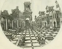 An illustration from Iacobvs Androvetivs dv Cerceav : lectoribvs S. veteri consvetvdine institvtoqve nostro novos ... labores excipienti, visvm fvit hos opvs ... edere ... Continet ... Optices, qvam perspectivam nominant viginti figuras .. (1551)