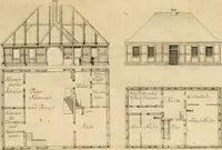 An illustration from Anfangsgründe der bürgerlichen Baukunst für Landleute, oder, Anleitung wie die Landbewohner neue verbesserte Gebaüde mit feuersichern Dächern, ingleichen neue Dörfer, Wasserleitungen und holzersparende Back- und Stubenoefen ohne Zuziehung eines Baumeisters entwerfen, zeichnen, Anschläge dazu machen n erbauen können : nebst einer kurzen Anzeige die Gewitter abzuleiten (1776)