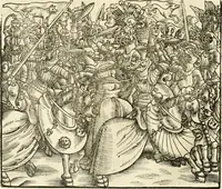 An illustration from Anfang, Vrsprug und Herkomen des Thurniers inn Teutscher Nation : wieuil Thurnier biss vff den letztenn zu Wormbs : auch wie vnnd an welchen Orten die gehalten vñ durch was Fürsten, Grauen, Herrn, Ritter vñ vom Adel, sie iederzeit besucht worden sindt .. (1532)