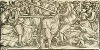An illustration from Anfang, Vrsprug und Herkomen des Thurniers inn Teutscher Nation : wieuil Thurnier biss vff den letztenn zu Wormbs : auch wie vnnd an welchen Orten die gehalten vñ durch was Fürsten, Grauen, Herrn, Ritter vñ vom Adel, sie iederzeit besucht worden sindt .. (1532)