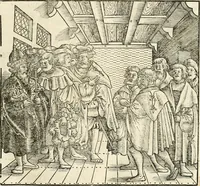 An illustration from Anfang, Vrsprug und Herkomen des Thurniers inn Teutscher Nation : wieuil Thurnier biss vff den letztenn zu Wormbs : auch wie vnnd an welchen Orten die gehalten vñ durch was Fürsten, Grauen, Herrn, Ritter vñ vom Adel, sie iederzeit besucht worden sindt .. (1532)