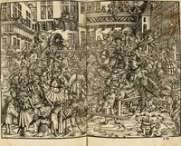 An illustration from Anfang, Vrsprug und Herkomen des Thurniers inn Teutscher Nation : wieuil Thurnier biss vff den letztenn zu Wormbs : auch wie vnnd an welchen Orten die gehalten vñ durch was Fürsten, Grauen, Herrn, Ritter vñ vom Adel, sie iederzeit besucht worden sindt .. (1532)