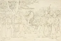 An illustration from Annales du musée et de l'école moderne des beaux-arts : recueil de gravures au trait, d'après les principaux ouvrages de peinture, sculpture, ou projets d'architecture, qui, chaque année, ont remporté le prix, soit aux écoles spéciales, soit aux concours nationaux : les productions des artistes en tous genres, qui, aux différentes expositions, ont été citées avec éloges : les morceaux les plus estimés ou inédits de la galerie de peinture : la suite complète de celle des antiques : édifices anciens et modernes, etc. (1800)