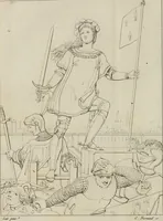 An illustration from Annales du musée et de l'école moderne des beaux-arts : recueil de gravures au trait, d'après les principaux ouvrages de peinture, sculpture, ou projets d'architecture, qui, chaque année, ont remporté le prix, soit aux écoles spéciales, soit aux concours nationaux : les productions des artistes en tous genres, qui, aux différentes expositions, ont été citées avec éloges : les morceaux les plus estimés ou inédits de la galerie de peinture : la suite complète de celle des antiques : édifices anciens et modernes, etc. (1800)