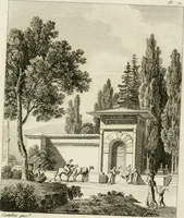 An illustration from Annales du musée et de l'école moderne des beaux-arts : recueil de gravures au trait, d'après les principaux ouvrages de peinture, sculpture, ou projets d'architecture, qui, chaque année, ont remporté le prix, soit aux écoles spéciales, soit aux concours nationaux : les productions des artistes en tous genres, qui, aux différentes expositions, ont été citées avec éloges : les morceaux les plus estimés ou inédits de la galerie de peinture : la suite complète de celle des antiques : édifices anciens et modernes, etc. (1800)