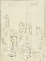 An illustration from Annales du musée et de l'école moderne des beaux-arts : recueil de gravures au trait, d'après les principaux ouvrages de peinture, sculpture, ou projets d'architecture, qui, chaque année, ont remporté le prix, soit aux écoles spéciales, soit aux concours nationaux : les productions des artistes en tous genres, qui, aux différentes expositions, ont été citées avec éloges : les morceaux les plus estimés ou inédits de la galerie de peinture : la suite complète de celle des antiques : édifices anciens et modernes, etc. (1800)