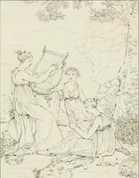 An illustration from Annales du musée et de l'école moderne des beaux-arts : recueil de gravures au trait, d'après les principaux ouvrages de peinture, sculpture, ou projets d'architecture, qui, chaque année, ont remporté le prix, soit aux écoles spéciales, soit aux concours nationaux : les productions des artistes en tous genres, qui, aux différentes expositions, ont été citées avec éloges : les morceaux les plus estimés ou inédits de la galerie de peinture : la suite complète de celle des antiques : édifices anciens et modernes, etc. (1800)