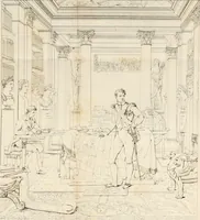 An illustration from Annales du musée et de l'école moderne des beaux-arts : recueil de gravures au trait, d'après les principaux ouvrages de peinture, sculpture, ou projets d'architecture, qui, chaque année, ont remporté le prix, soit aux écoles spéciales, soit aux concours nationaux : les productions des artistes en tous genres, qui, aux différentes expositions, ont été citées avec éloges : les morceaux les plus estimés ou inédits de la galerie de peinture : la suite complète de celle des antiques : édifices anciens et modernes, etc. (1800)