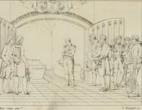 An illustration from Annales du musée et de l'école moderne des beaux-arts : recueil de gravures au trait, d'après les principaux ouvrages de peinture, sculpture, ou projets d'architecture, qui, chaque année, ont remporté le prix, soit aux écoles spéciales, soit aux concours nationaux : les productions des artistes en tous genres, qui, aux différentes expositions, ont été citées avec éloges : les morceaux les plus estimés ou inédits de la galerie de peinture : la suite complète de celle des antiques : édifices anciens et modernes, etc. (1800)