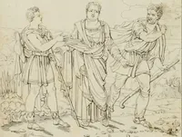 An illustration from Annales du musée et de l'école moderne des beaux-arts : recueil de gravures au trait, d'après les principaux ouvrages de peinture, sculpture, ou projets d'architecture, qui, chaque année, ont remporté le prix, soit aux écoles spéciales, soit aux concours nationaux : les productions des artistes en tous genres, qui, aux différentes expositions, ont été citées avec éloges : les morceaux les plus estimés ou inédits de la galerie de peinture : la suite complète de celle des antiques : édifices anciens et modernes, etc. (1800)