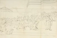 An illustration from Annales du musée et de l'école moderne des beaux-arts : recueil de gravures au trait, d'après les principaux ouvrages de peinture, sculpture, ou projets d'architecture, qui, chaque année, ont remporté le prix, soit aux écoles spéciales, soit aux concours nationaux : les productions des artistes en tous genres, qui, aux différentes expositions, ont été citées avec éloges : les morceaux les plus estimés ou inédits de la galerie de peinture : la suite complète de celle des antiques : édifices anciens et modernes, etc. (1800)