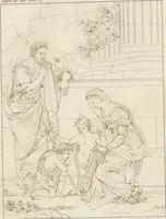 An illustration from Annales du musée et de l'école moderne des beaux-arts : recueil de gravures au trait, d'après les principaux ouvrages de peinture, sculpture, ou projets d'architecture, qui, chaque année, ont remporté le prix, soit aux écoles spéciales, soit aux concours nationaux : les productions des artistes en tous genres, qui, aux différentes expositions, ont été citées avec éloges : les morceaux les plus estimés ou inédits de la galerie de peinture : la suite complète de celle des antiques : édifices anciens et modernes, etc. (1800)