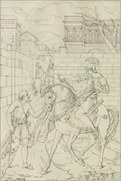 An illustration from Annales du musée et de l'école moderne des beaux-arts : recueil de gravures au trait, d'après les principaux ouvrages de peinture, sculpture, ou projets d'architecture, qui, chaque année, ont remporté le prix, soit aux écoles spéciales, soit aux concours nationaux : les productions des artistes en tous genres, qui, aux différentes expositions, ont été citées avec éloges : les morceaux les plus estimés ou inédits de la galerie de peinture : la suite complète de celle des antiques : édifices anciens et modernes, etc. (1800)