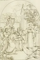 An illustration from Annales du musée et de l'école moderne des beaux-arts : recueil de gravures au trait, d'après les principaux ouvrages de peinture, sculpture, ou projets d'architecture, qui, chaque année, ont remporté le prix, soit aux écoles spéciales, soit aux concours nationaux : les productions des artistes en tous genres, qui, aux différentes expositions, ont été citées avec éloges : les morceaux les plus estimés ou inédits de la galerie de peinture : la suite complète de celle des antiques : édifices anciens et modernes, etc. (1800)