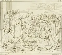 An illustration from Annales du musée et de l'école moderne des beaux-arts : recueil de gravures au trait, d'après les principaux ouvrages de peinture, sculpture, ou projets d'architecture, qui, chaque année, ont remporté le prix, soit aux écoles spéciales, soit aux concours nationaux : les productions des artistes en tous genres, qui, aux différentes expositions, ont été citées avec éloges : les morceaux les plus estimés ou inédits de la galerie de peinture : la suite complète de celle des antiques : édifices anciens et modernes, etc. (1800)
