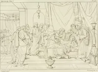An illustration from Annales du musée et de l'école moderne des beaux-arts : recueil de gravures au trait, d'après les principaux ouvrages de peinture, sculpture, ou projets d'architecture, qui, chaque année, ont remporté le prix, soit aux écoles spéciales, soit aux concours nationaux : les productions des artistes en tous genres, qui, aux différentes expositions, ont été citées avec éloges : les morceaux les plus estimés ou inédits de la galerie de peinture : la suite complète de celle des antiques : édifices anciens et modernes, etc. (1800)