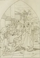 An illustration from Annales du musée et de l'école moderne des beaux-arts : recueil de gravures au trait, d'après les principaux ouvrages de peinture, sculpture, ou projets d'architecture, qui, chaque année, ont remporté le prix, soit aux écoles spéciales, soit aux concours nationaux : les productions des artistes en tous genres, qui, aux différentes expositions, ont été citées avec éloges : les morceaux les plus estimés ou inédits de la galerie de peinture : la suite complète de celle des antiques : édifices anciens et modernes, etc. (1800)