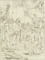 An illustration from Annales du musée et de l'école moderne des beaux-arts : recueil de gravures au trait, d'après les principaux ouvrages de peinture, sculpture, ou projets d'architecture, qui, chaque année, ont remporté le prix, soit aux écoles spéciales, soit aux concours nationaux : les productions des artistes en tous genres, qui, aux différentes expositions, ont été citées avec éloges : les morceaux les plus estimés ou inédits de la galerie de peinture : la suite complète de celle des antiques : édifices anciens et modernes, etc. (1800)