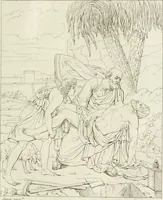 An illustration from Annales du musée et de l'école moderne des beaux-arts : recueil de gravures au trait, d'après les principaux ouvrages de peinture, sculpture, ou projets d'architecture, qui, chaque année, ont remporté le prix, soit aux écoles spéciales, soit aux concours nationaux : les productions des artistes en tous genres, qui, aux différentes expositions, ont été citées avec éloges : les morceaux les plus estimés ou inédits de la galerie de peinture : la suite complète de celle des antiques : édifices anciens et modernes, etc. (1800)