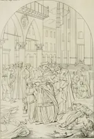An illustration from Annales du musée et de l'école moderne des beaux-arts : recueil de gravures au trait, d'après les principaux ouvrages de peinture, sculpture, ou projets d'architecture, qui, chaque année, ont remporté le prix, soit aux écoles spéciales, soit aux concours nationaux : les productions des artistes en tous genres, qui, aux différentes expositions, ont été citées avec éloges : les morceaux les plus estimés ou inédits de la galerie de peinture : la suite complète de celle des antiques : édifices anciens et modernes, etc. (1800)