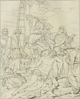 An illustration from Annales du musée et de l'école moderne des beaux-arts : recueil de gravures au trait, d'après les principaux ouvrages de peinture, sculpture, ou projets d'architecture, qui, chaque année, ont remporté le prix, soit aux écoles spéciales, soit aux concours nationaux : les productions des artistes en tous genres, qui, aux différentes expositions, ont été citées avec éloges : les morceaux les plus estimés ou inédits de la galerie de peinture : la suite complète de celle des antiques : édifices anciens et modernes, etc. (1800)