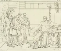 An illustration from Annales du musée et de l'école moderne des beaux-arts : recueil de gravures au trait, d'après les principaux ouvrages de peinture, sculpture, ou projets d'architecture, qui, chaque année, ont remporté le prix, soit aux écoles spéciales, soit aux concours nationaux : les productions des artistes en tous genres, qui, aux différentes expositions, ont été citées avec éloges : les morceaux les plus estimés ou inédits de la galerie de peinture : la suite complète de celle des antiques : édifices anciens et modernes, etc. (1800)