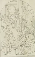 An illustration from Annales du musée et de l'école moderne des beaux-arts : recueil de gravures au trait, d'après les principaux ouvrages de peinture, sculpture, ou projets d'architecture, qui, chaque année, ont remporté le prix, soit aux écoles spéciales, soit aux concours nationaux : les productions des artistes en tous genres, qui, aux différentes expositions, ont été citées avec éloges : les morceaux les plus estimés ou inédits de la galerie de peinture : la suite complète de celle des antiques : édifices anciens et modernes, etc. (1800)