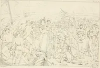 An illustration from Annales du musée et de l'école moderne des beaux-arts : recueil de gravures au trait, d'après les principaux ouvrages de peinture, sculpture, ou projets d'architecture, qui, chaque année, ont remporté le prix, soit aux écoles spéciales, soit aux concours nationaux : les productions des artistes en tous genres, qui, aux différentes expositions, ont été citées avec éloges : les morceaux les plus estimés ou inédits de la galerie de peinture : la suite complète de celle des antiques : édifices anciens et modernes, etc. (1800)