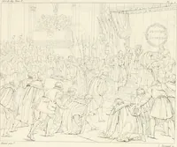 An illustration from Annales du musée et de l'école moderne des beaux-arts : recueil de gravures au trait, d'après les principaux ouvrages de peinture, sculpture, ou projets d'architecture, qui, chaque année, ont remporté le prix, soit aux écoles spéciales, soit aux concours nationaux : les productions des artistes en tous genres, qui, aux différentes expositions, ont été citées avec éloges : les morceaux les plus estimés ou inédits de la galerie de peinture : la suite complète de celle des antiques : édifices anciens et modernes, etc. (1800)