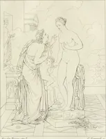 An illustration from Annales du musée et de l'école moderne des beaux-arts : recueil de gravures au trait, d'après les principaux ouvrages de peinture, sculpture, ou projets d'architecture, qui, chaque année, ont remporté le prix, soit aux écoles spéciales, soit aux concours nationaux : les productions des artistes en tous genres, qui, aux différentes expositions, ont été citées avec éloges : les morceaux les plus estimés ou inédits de la galerie de peinture : la suite complète de celle des antiques : édifices anciens et modernes, etc. (1800)